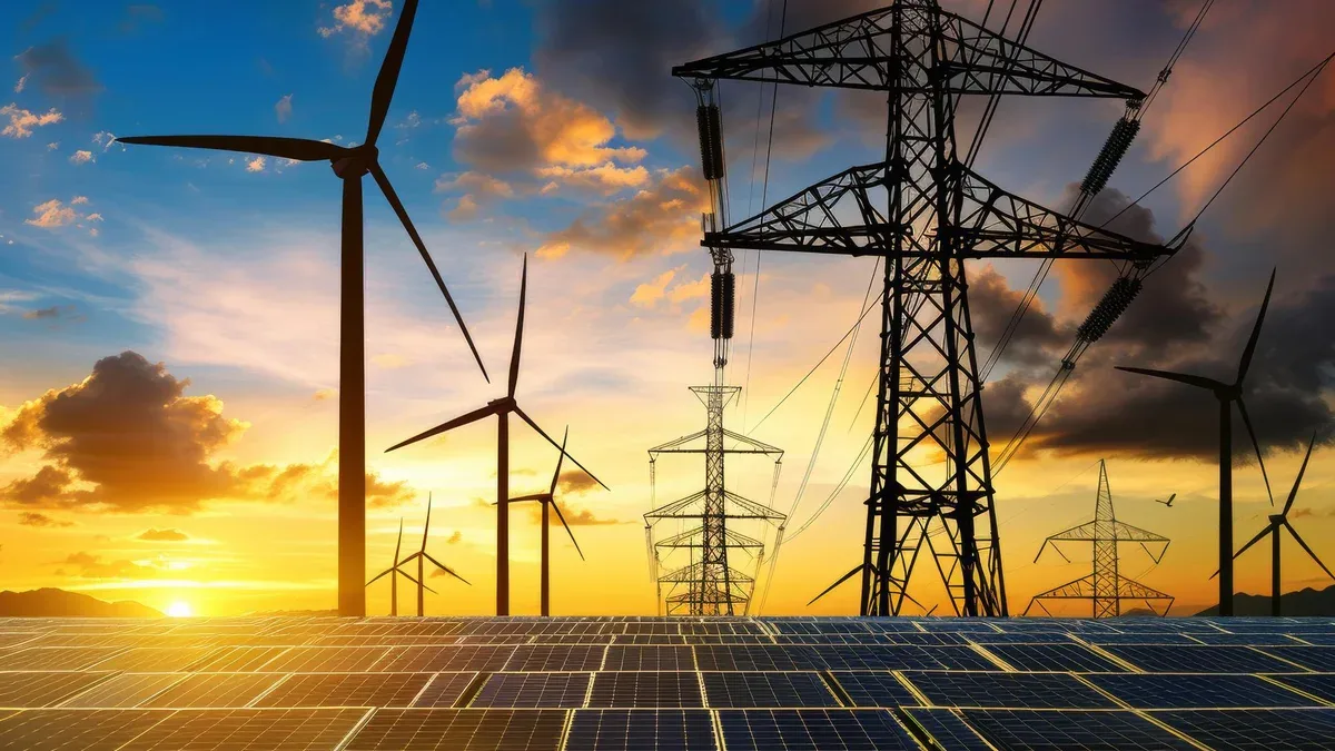 Le spectacle du coucher de soleil des panneaux solaires avec des turbines éoliennes et des pylônes électriques Concept d'énergie propre