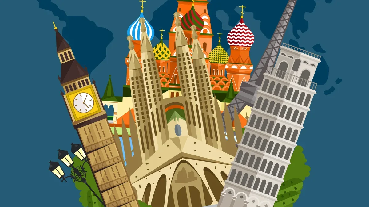 Explorez la bannière européenne avec des attractions célèbres.