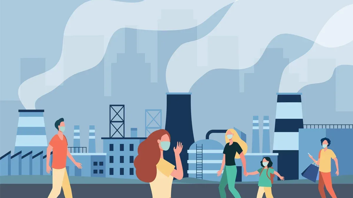 Les gens qui marchent le long de la rue dans des masques isolés illustration plat. Personnages de dessins animés protégeant des émissions atmosphériques et du smog des installations industrielles