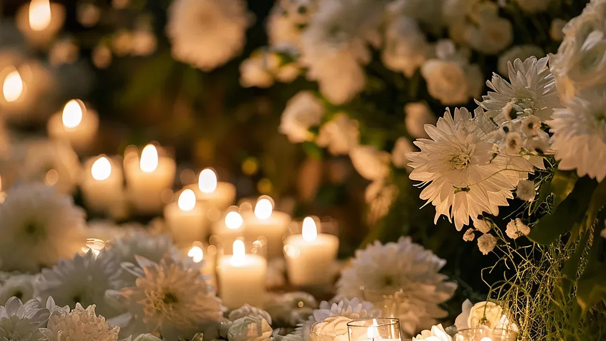Un service funéraire modéré avec des fleurs blanches et des bougies
