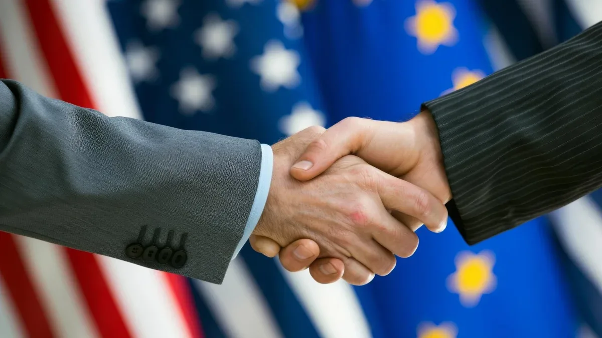 Poignée de main diplomatique avec des drapeaux en arrière-plan
