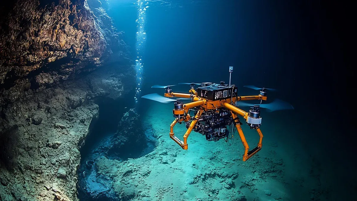 Drone de recherche sous-marine recueillant des échantillons d'un évent hydrothermal au fond de l'océan