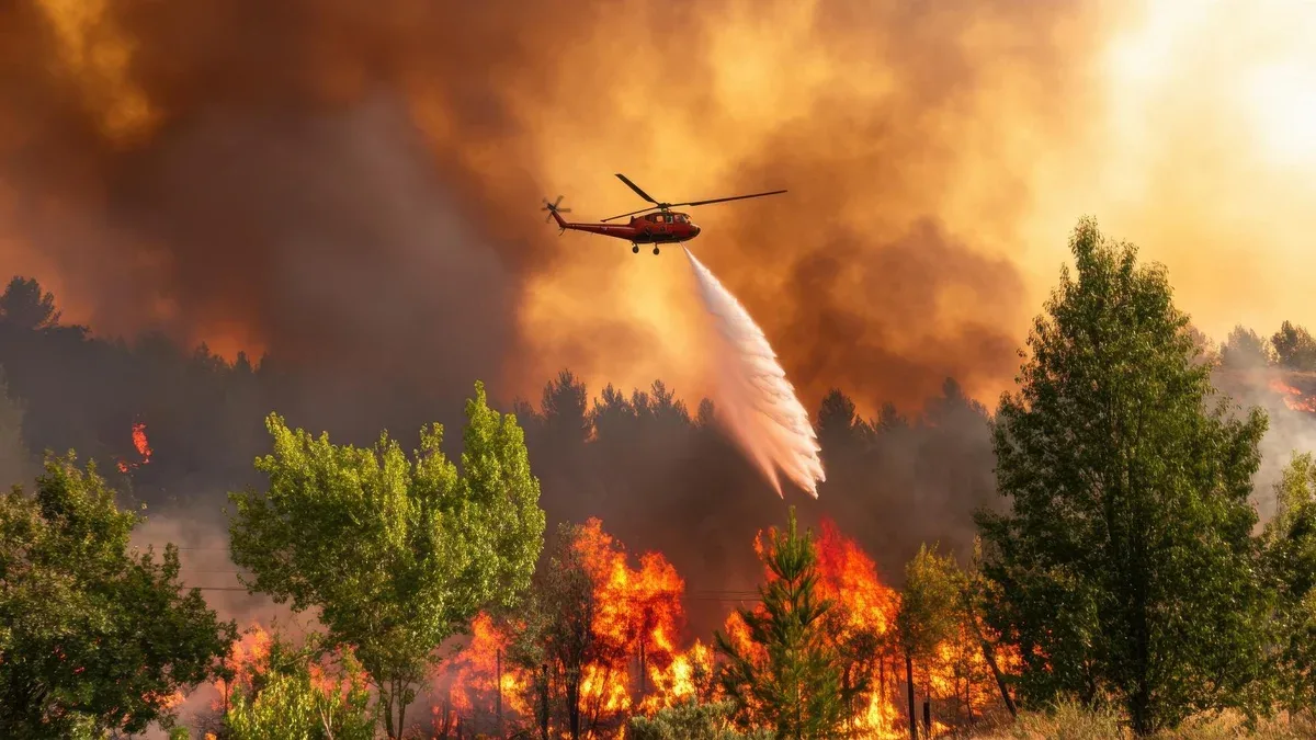 Hélicoptère combattant un incendie de forêt avec de l'eau dans un paysage forestier dense