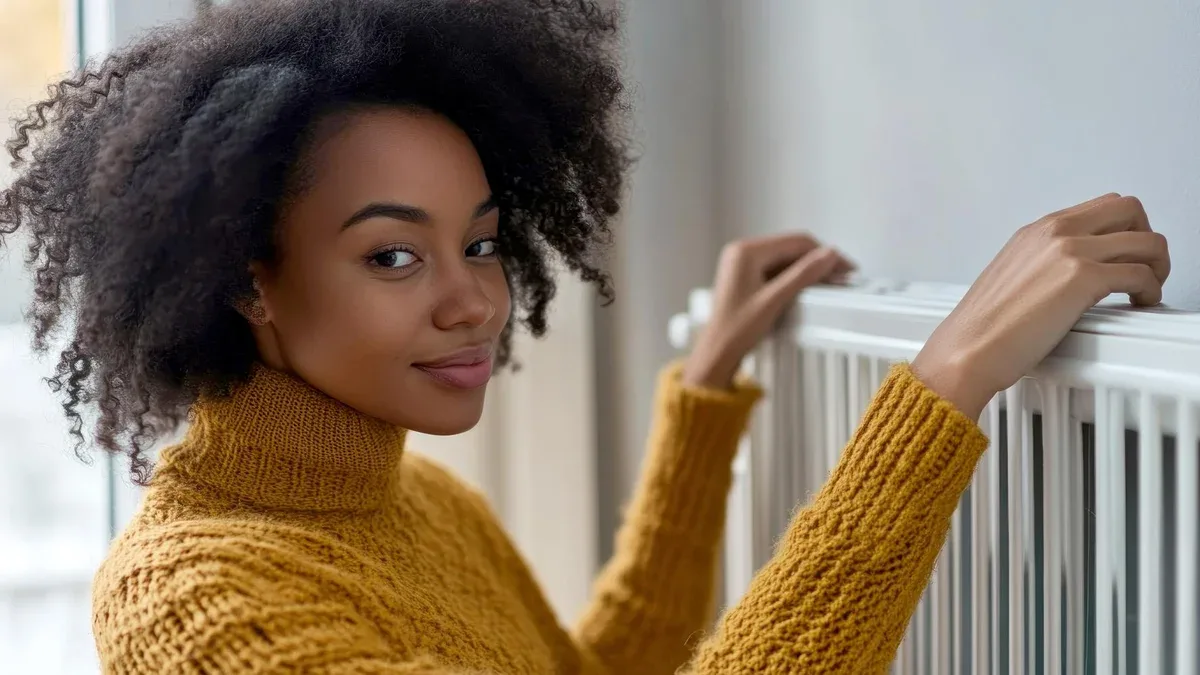Une femme africaine aux cheveux bouclés naturels ajuste les réglages d'un radiateur tout en portant un sweater à la moutarde confortable appréciant la chaleur à l'intérieur pendant une journée froide