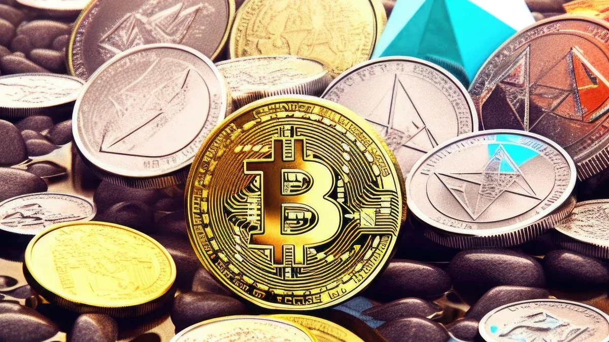 Pièces de crypto-monnaie comme bitcoin et ethereum créées avec générative ai