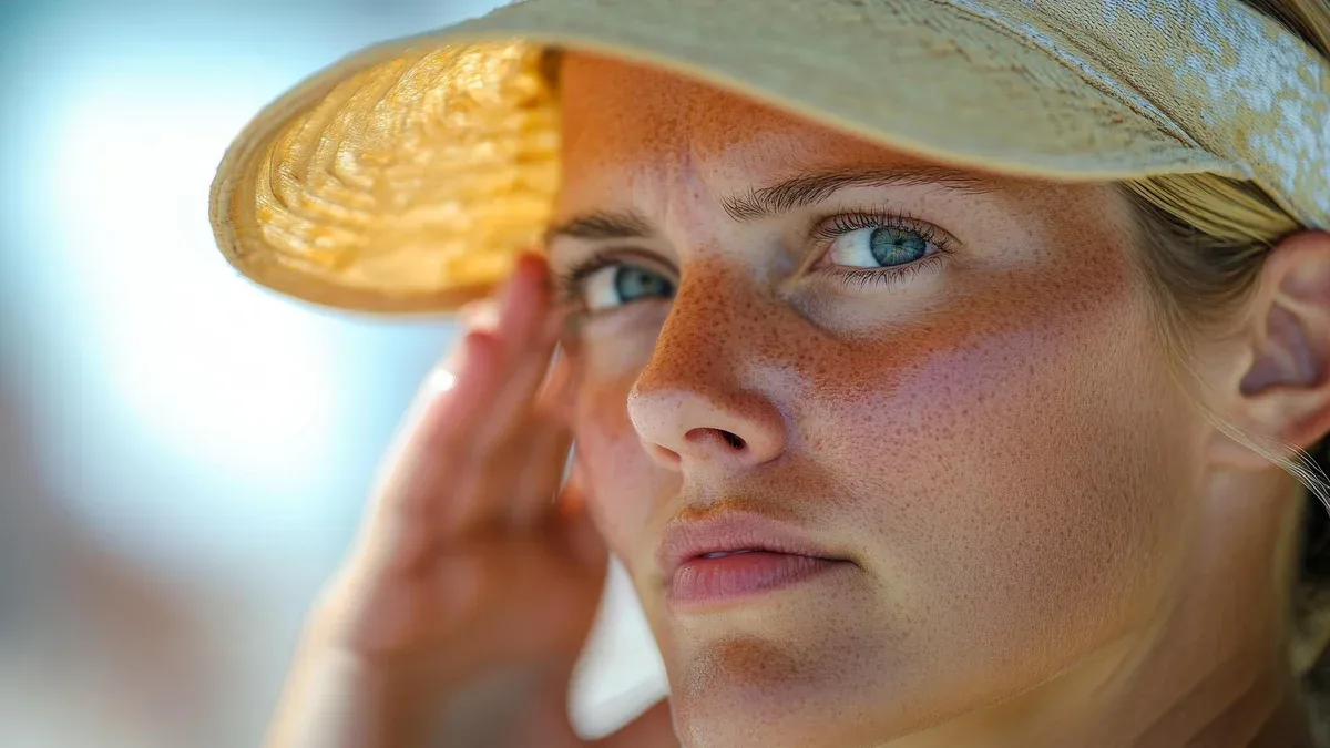 Un portrait en gros plan d'une femme avec un chapeau de soleil montrant son expression réfléchie
