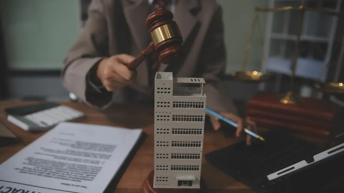 Droit immobilier maison Assurance propriété Impôt Vente aux enchères et concepts d'enchères Petit modèle de maison de jouet avec marteau Justice marteau sur le bureau du palais de justice