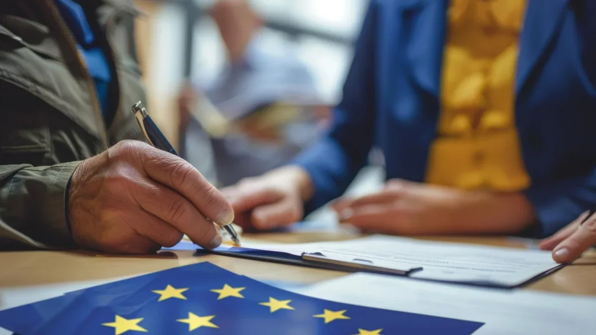 Le processus de vote est représenté aux côtés du drapeau de l'Union européenne et des documents essentiels liés au vote.